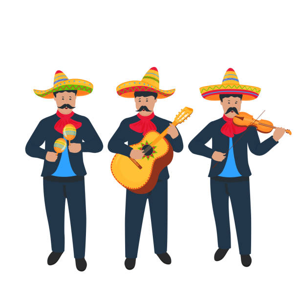 cinco de mayo. 5. mai. straße mexikanische musiker spielen geige, maracas und gitarre. musikkapelle - mexican culture cinco de mayo backgrounds sombrero stock-grafiken, -clipart, -cartoons und -symbole