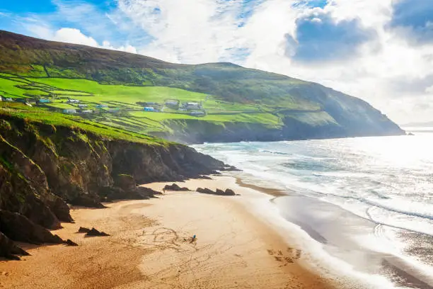 Landscape of sandy beach, hills and atlantic ocean. Ring of Kerry, Ireland. Travel destination