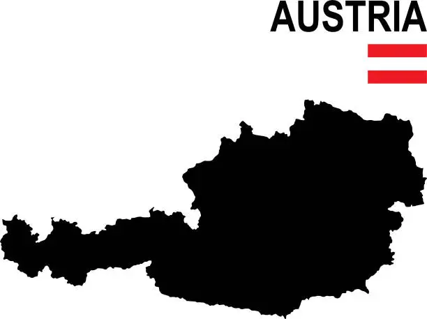 Vector illustration of Black basic map of Austria with flag against white background