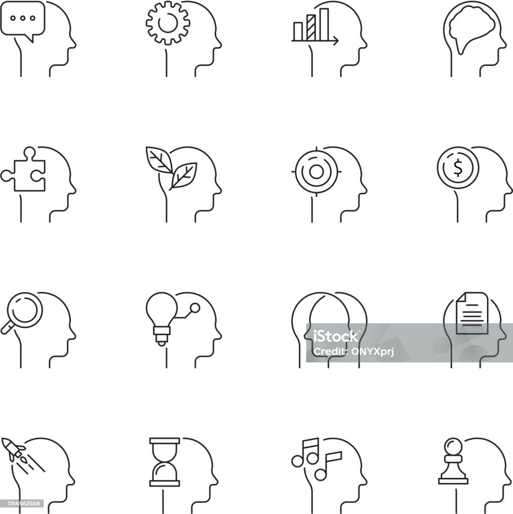 Mind icon. Creative thing personality leadership mindfulness head vector thin line symbols Mind icon. Creative thing personality leadership mindfulness head vector thin line symbols. Illustration of mind intelligence, creativity brain solution and innovation Gear - Mechanism stock vector