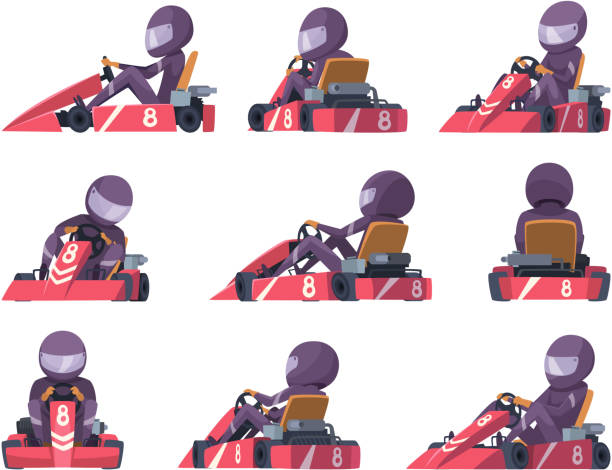 ilustraciones, imágenes clip art, dibujos animados e iconos de stock de corredores de karting. deportes velocidad coches competición vector karting ilustraciones de automóviles - sport go cart go carting sports race