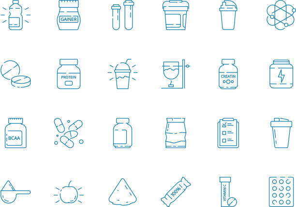 Fitness nutrition. Supplement sport food vitamins whey protein vector health vector symbols Fitness nutrition. Supplement sport food vitamins whey protein vector health vector symbols. Illustration of fitness sport, bcaa and whey, health supplement protein powder bottle stock illustrations