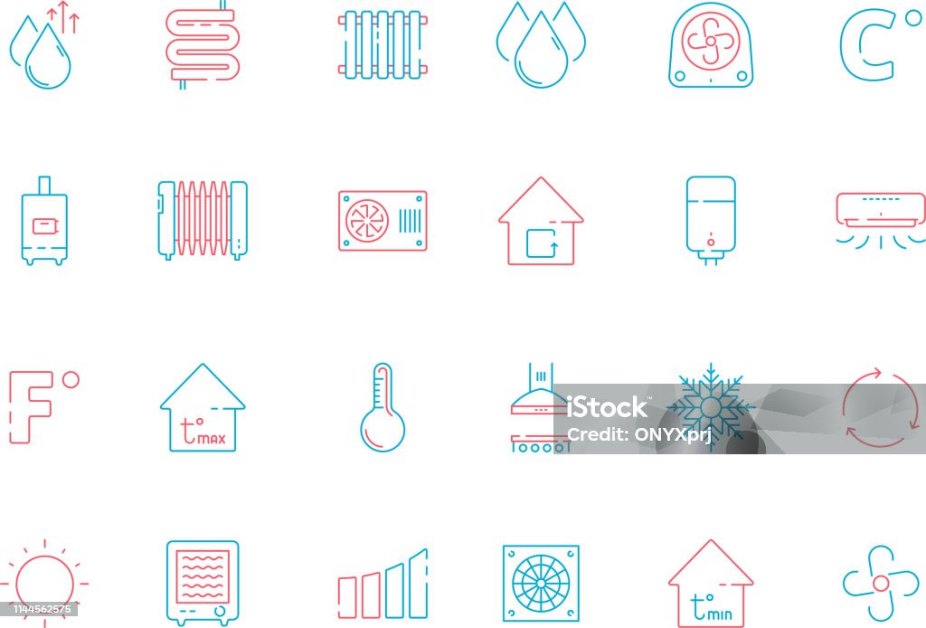 Cooling icons. Heating home conditioning symbols ventilation service vector colored thin pictures Cooling icons. Heating home conditioning symbols ventilation service vector colored thin pictures. Illustration of air conditioning, cooling system and conditioner equipment Cold Temperature stock vector