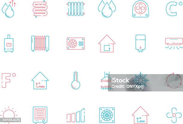 Cooling Icons Heating Home Conditioning Symbols Ventilation Service Vector Colored Thin Pictures Stock Illustration - Download Image Now