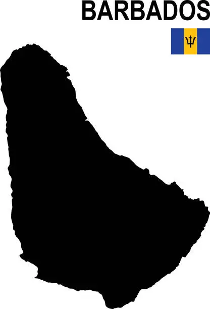 Vector illustration of Black basic map of Barbados with flag against white background