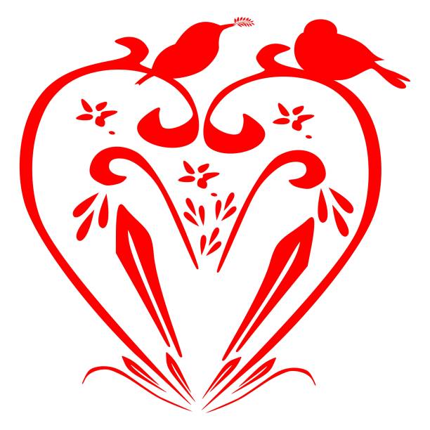 red abstract heart with two little birds - illustration