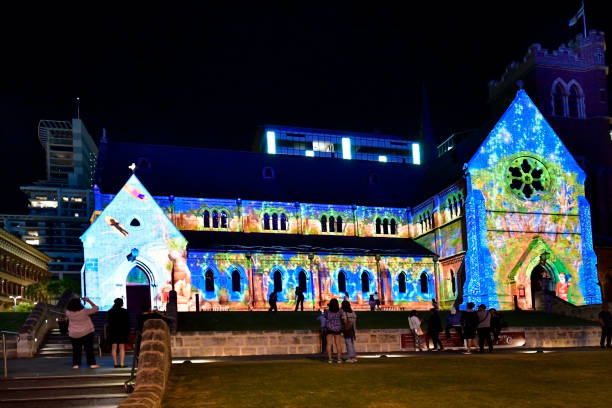 Perth, WA, Australia - November 30, 2017: Illuminated St. George cathedral at Christmas time in the capital of Western Australia