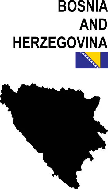 Vector illustration of Black basic map of Bosnia and Herzegovina with flag against white background