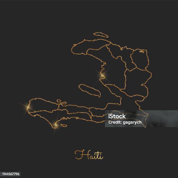 Haiti Region Map Golden Glitter Outline With Sparkling Stars On Dark Background Stock Illustration - Download Image Now