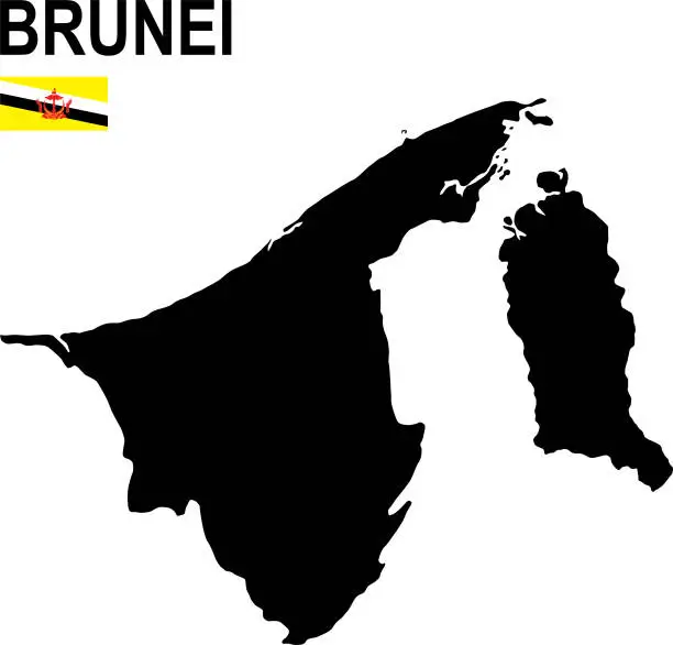 Vector illustration of Black basic map of Brunei with flag against white background
