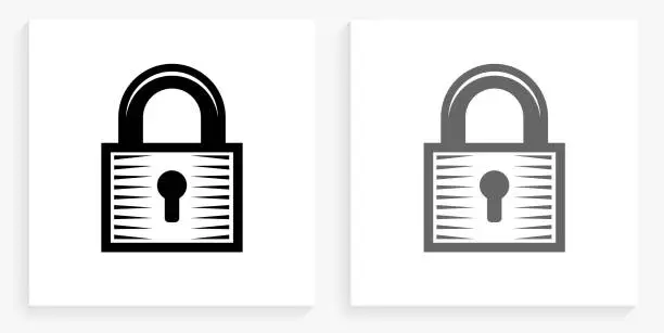 Vector illustration of Security Lock Black and White Square Icon