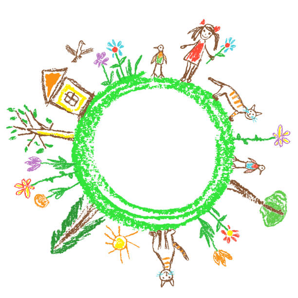 koncepcja przyjazna dla środowiska dnia ziemi. jak ręcznie rysowane przez dziecko doodle kolorowe wektorowej sztuki. - earth day sun sky stock illustrations