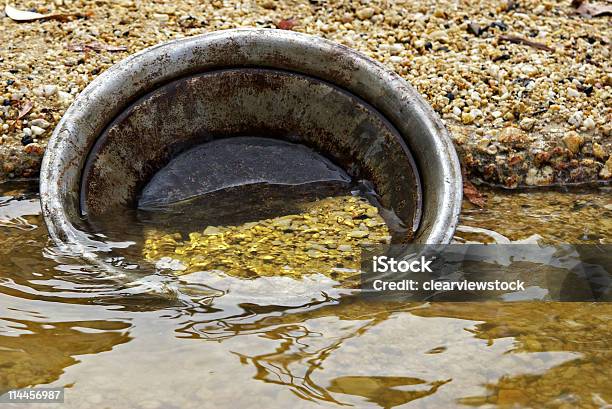 Gold Pan With Golden Nuggets Stock Photo - Download Image Now - Panning for Gold, Gold - Metal, Gold Colored