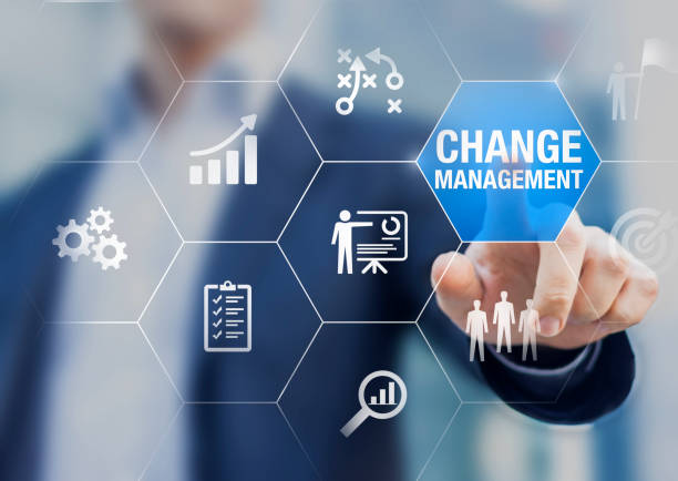 change management in organization and business concept with consultant presenting icons of strategy, plan, implementation, communication, team, success. organizational transition and transformation - reforma imagens e fotografias de stock