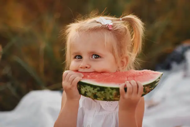 Funny portrait of an incredibly beautiful Red-haired little girl eating watermelon, healthy fruit snack, adorable toddler child with curly hair playing in a sunny garden on a hot summer day. portrait