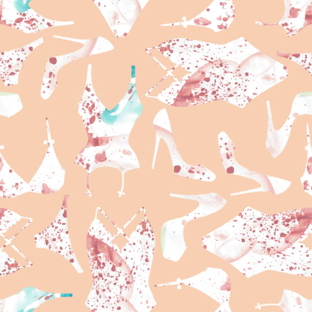 istock swimsuits and shoes with violet and white colors on a light brown background 1144575108