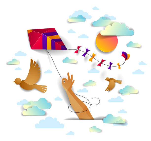 istock Hand holding kite over cloudy sky birds flying and sun, freedom and easiness emotional concept, vector modern style paper cut 3d illustration. 1144575648