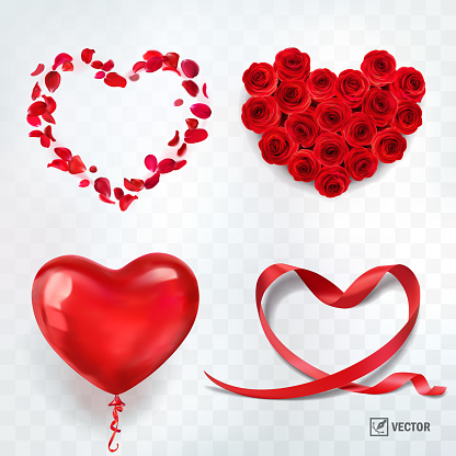3D realistic isolated vector set of hearts, a bouquet of roses, a ribbon wrapped in a heart shape, falling rose petals and a heart shaped balloon