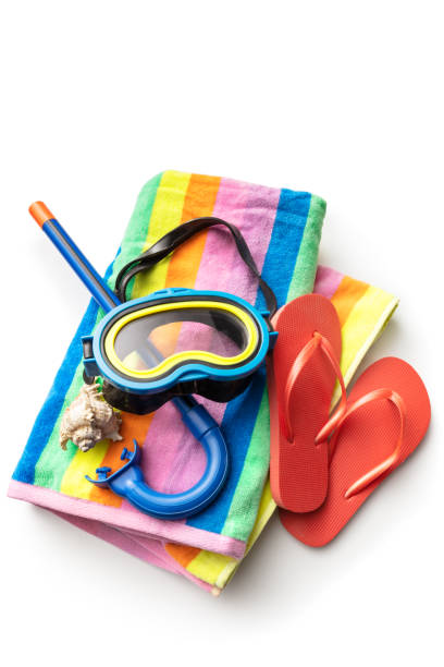Summer: Scuba Mask, Towel, Flip-flops and Shell Isolated on White Background