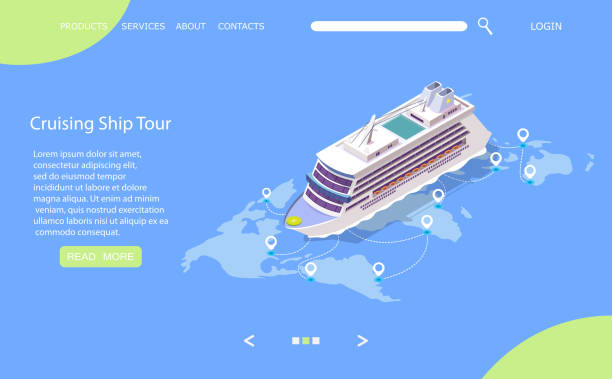 Cruise ship tour vector website landing page design template Cruise ship tour vector website template, web page and landing page design for website and mobile site development. Isometric cruise liner on world map with location pins. Sea travel, voyage concept. cruise ship stock illustrations