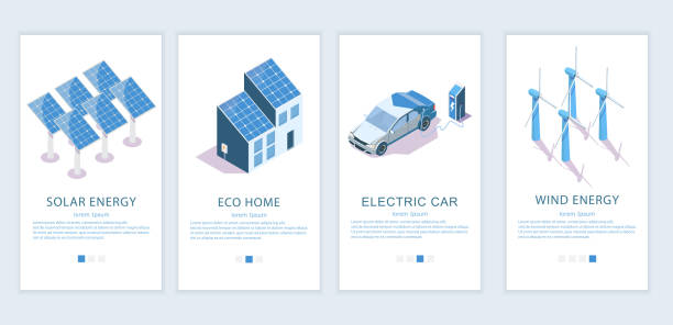 ilustrações de stock, clip art, desenhos animados e ícones de alternative energy vector website and mobile app template set - solar panels house