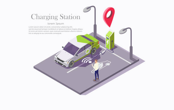 Ev charging station technology vector web banner template Charging station vector web banner template. Isometric electric recharging point, car and man with mobile phone. Electric vehicle charging technology, mobile app to find ev charging station concept. cartoon of the mobile phone charger stock illustrations