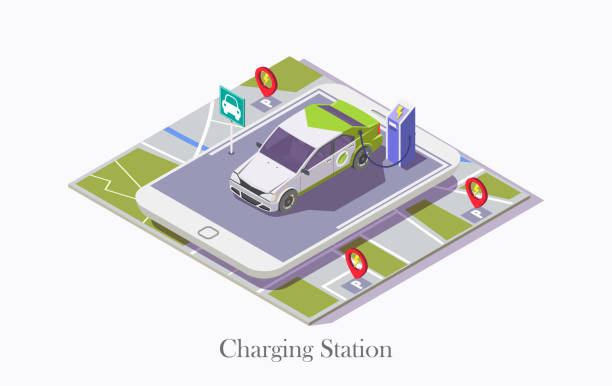 Ev charging station technology vector web banner template Charging station vector web banner template. Isometric city map with ev recharging point, smartphone and electric car on it. Electric vehicle charging station locator mobile application concept. phone charging station icon stock illustrations