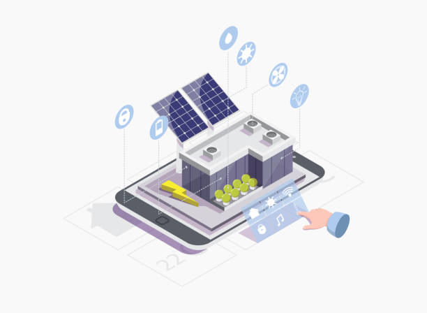 웹 배너, 웹 사이트 페이지에 대 한 스마트 그리드 벡터 개념 - solar power station solar panel sun house stock illustrations
