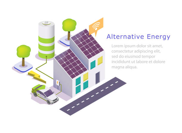 ilustrações de stock, clip art, desenhos animados e ícones de alternative green energy vector web banner template - solar panels house