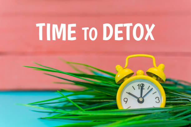 istock alarm clock on grass background.  inscription - time to detox. 1144585189