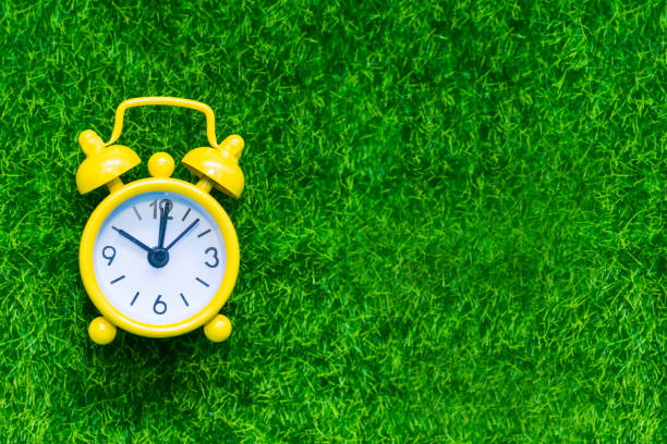 istock yellow alarm clock on the grass. Concept of time 1144585256