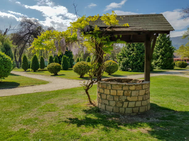 istock Water well with small tree growing next to it in city park. 1144585925