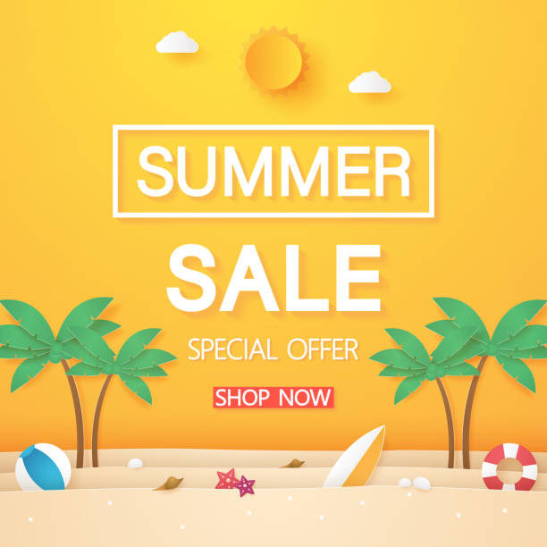 Summer sale , beach with coconut tree and stuff , paper art style Summer sale , beach with coconut tree and stuff , paper art style sand illustrations stock illustrations