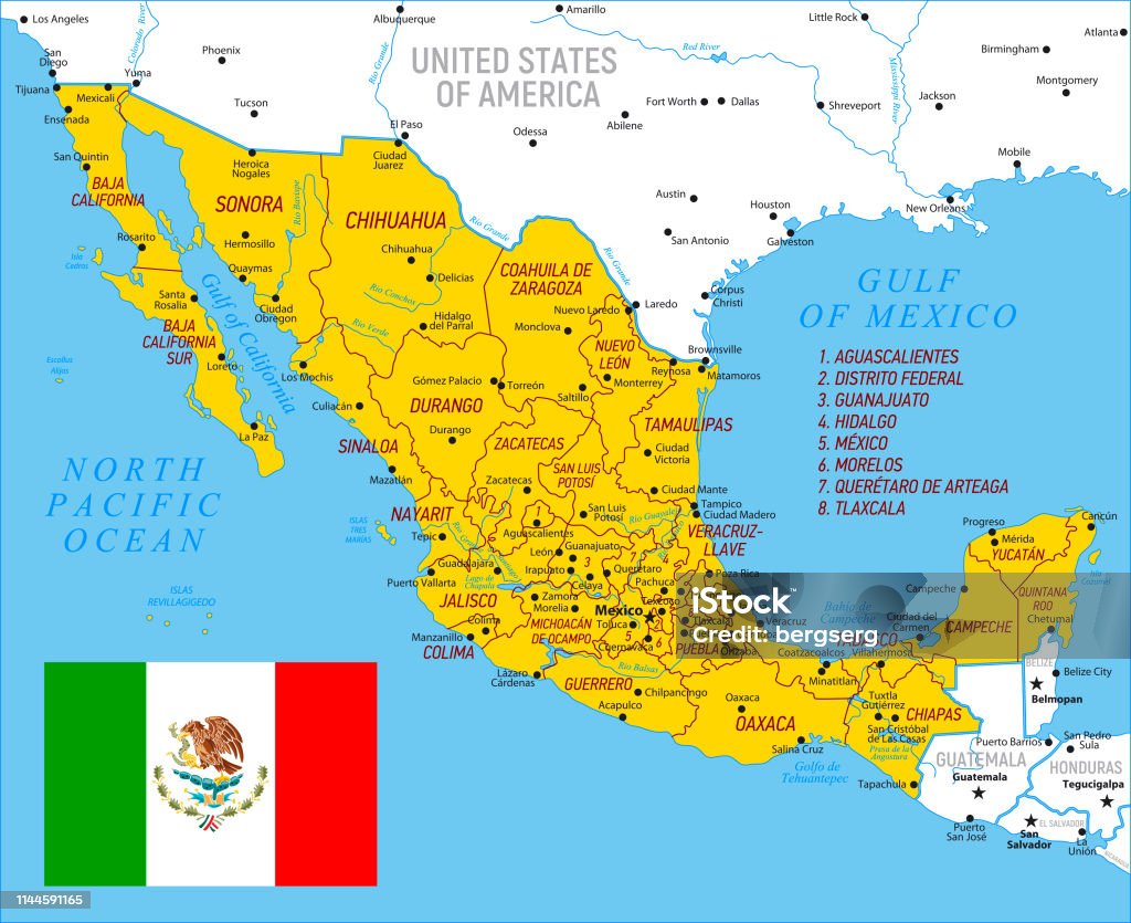 Map of Mexico. High detailed orange vector map with Borders and Rivers Mexico vector map with borders,cities and national Mexican flag Acapulco stock vector