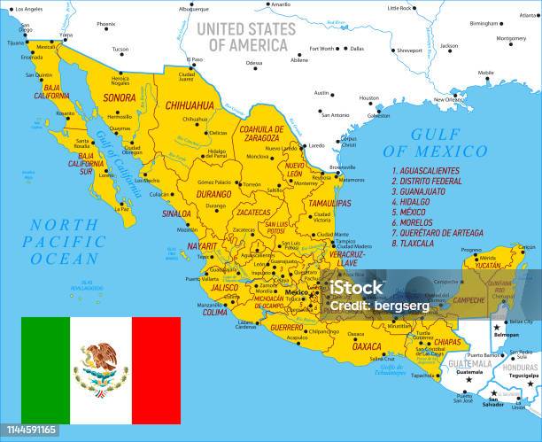 Map Of Mexico High Detailed Orange Vector Map With Borders And Rivers Stock Illustration - Download Image Now
