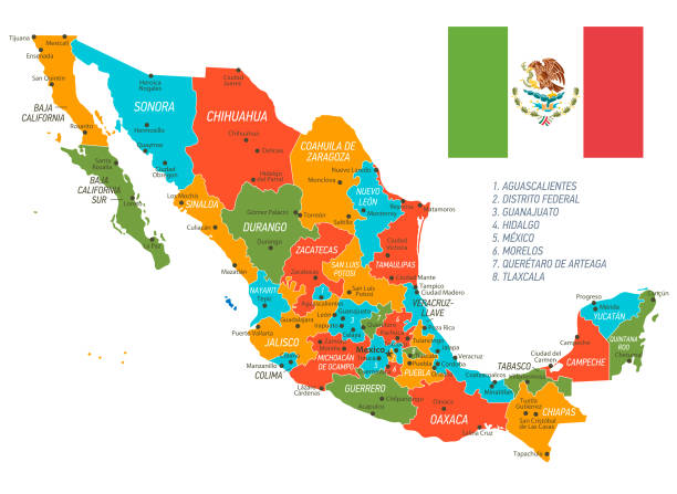 Mexico Map. Vector Map with states and national flag Mexico vector map with borders,cities and national Mexican flag tijuana flag stock illustrations