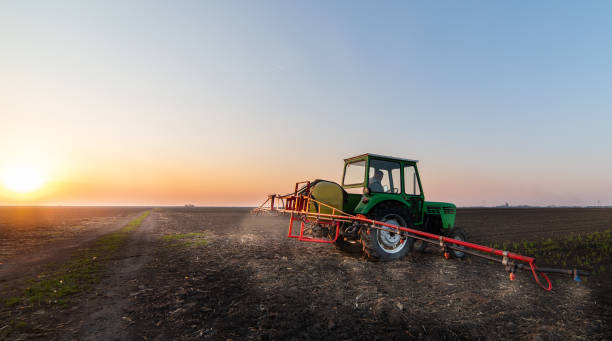 istock Tractor spraying pesticides at  soy bean fields 1144591718