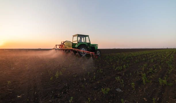 istock Tractor spraying pesticides at  soy bean fields 1144591771