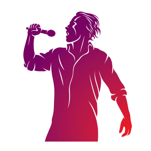 Superstar performance vector illustration, person with microphone in hand is singing live or karaoke. Emcee show concept. Superstar performance vector illustration, person with microphone in hand is singing live or karaoke. Emcee show concept. microphone silhouettes stock illustrations