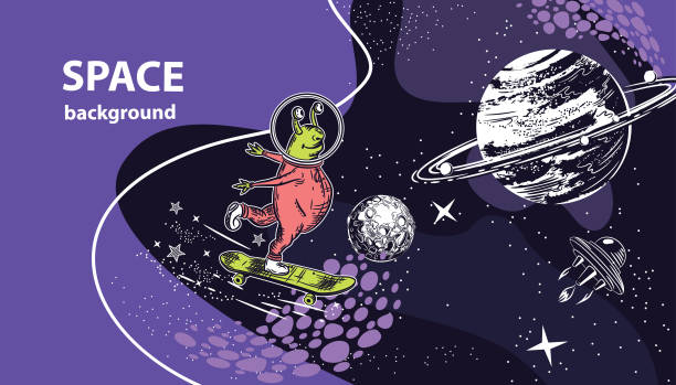 istock Horizontal banner of space theme. The alien skates on a skateboard. Geometrical composition. Background for covers, flyers, banners. 1144593316
