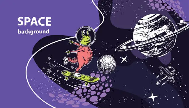 Vector illustration of Horizontal banner of space theme. The alien skates on a skateboard. Geometrical composition. Background for covers, flyers, banners.