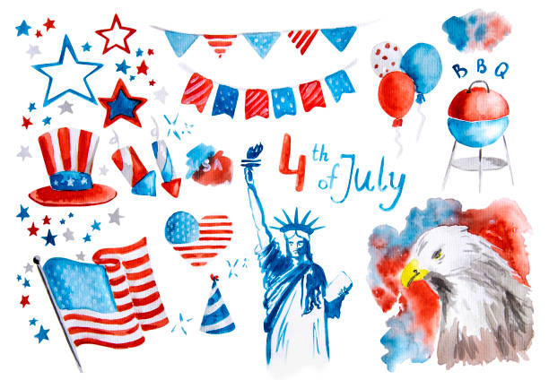 illustrazioni stock, clip art, cartoni animati e icone di tendenza di giorno di indipendenza del set usa di adesivi simbolo disegnato a mano illustrazione acquerello con percorso di ritaglio isolato su bianco - american flag fourth of july watercolor painting painted image