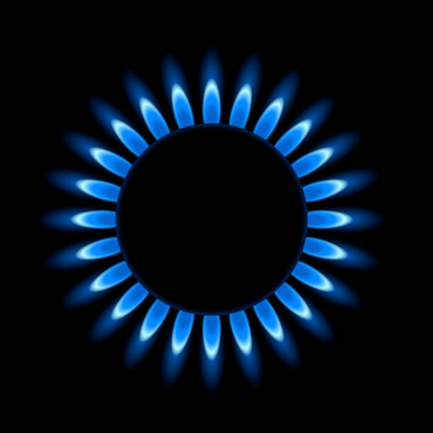 realistische illustration eines kreisförmigen gasbrenners mit blauer flamme. isoliert auf schwarzem hintergrund-vektor - natural gas gas burner flame stock-grafiken, -clipart, -cartoons und -symbole