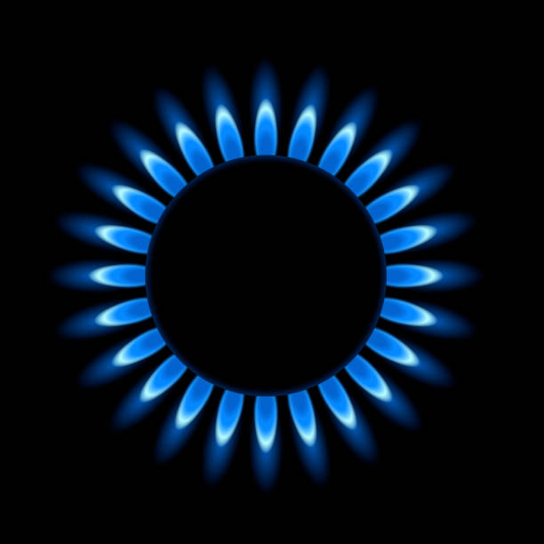istock Realistic illustration of a circular gas burner with blue flame. Isolated on black background - vector 1144595052