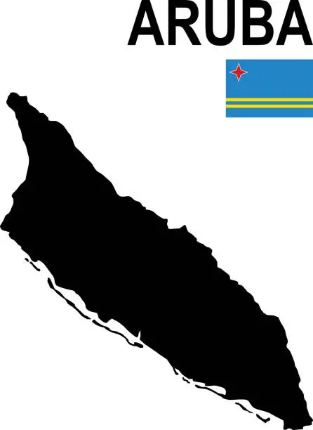 Vector illustration of Black basic map of Aruba with flag against white background