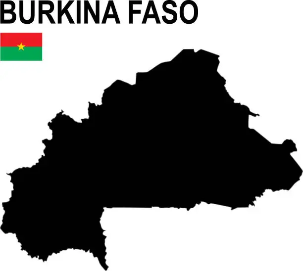 Vector illustration of Black basic map of Burkina Faso with flag against white background
