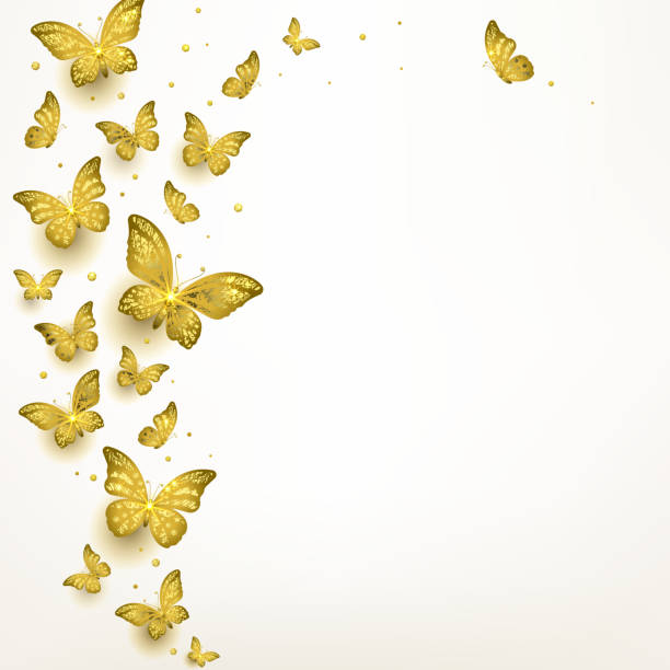 dekorative goldene schmetterlinge in einem flock - pollenflug stock-grafiken, -clipart, -cartoons und -symbole
