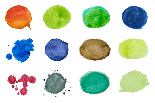 Colorful watercolor circle and drops or splashes on white background.
