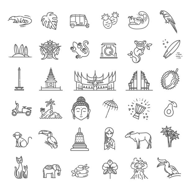 ilustraciones, imágenes clip art, dibujos animados e iconos de stock de conjunto de iconos de indonesia. atracciones, diseño de línea. turismo en indonesia, ilustración vectorial aislado. los símbolos tradicionales - indonesia