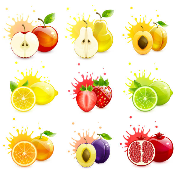 ilustrações de stock, clip art, desenhos animados e ícones de set of juicy fruits with splashes of juice - apple red portion fruit